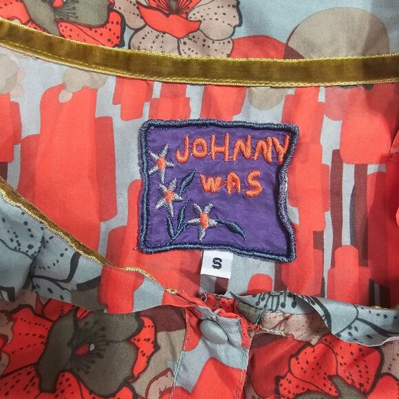 Johnny Was Floral Silk Blouse S Red Multi 3/4 Sleeves Pleated Peplum Flowy Boho - Picture 4 of 10
